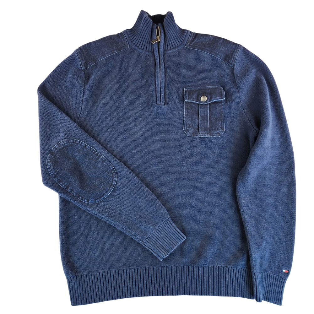 Tommy Hilfiger Quarter Zip Sweater Mens S Military Field Elbow Patch Cotton